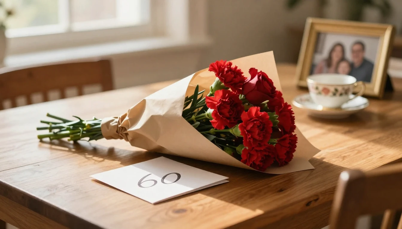 A heartwarming scene showing a beautifully wrapped bouquet o...