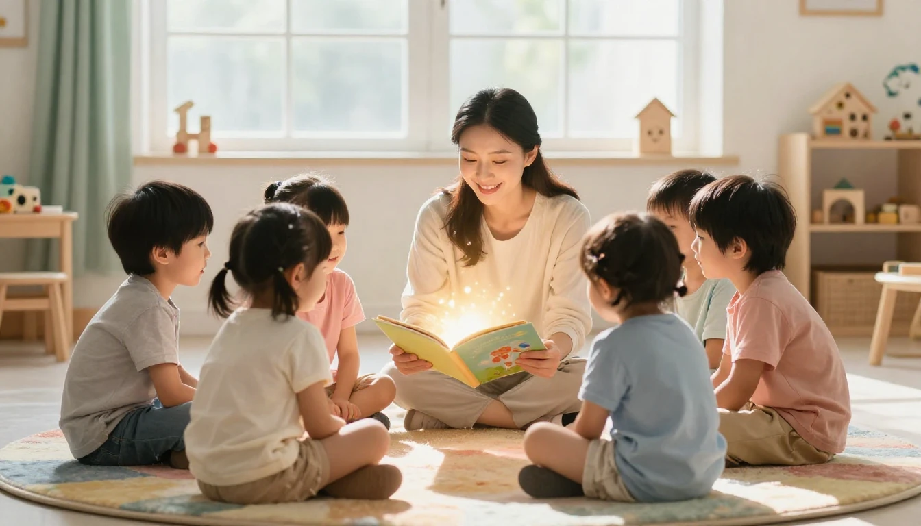 A heartwarming scene in a bright, sunlit kindergarten room. ...