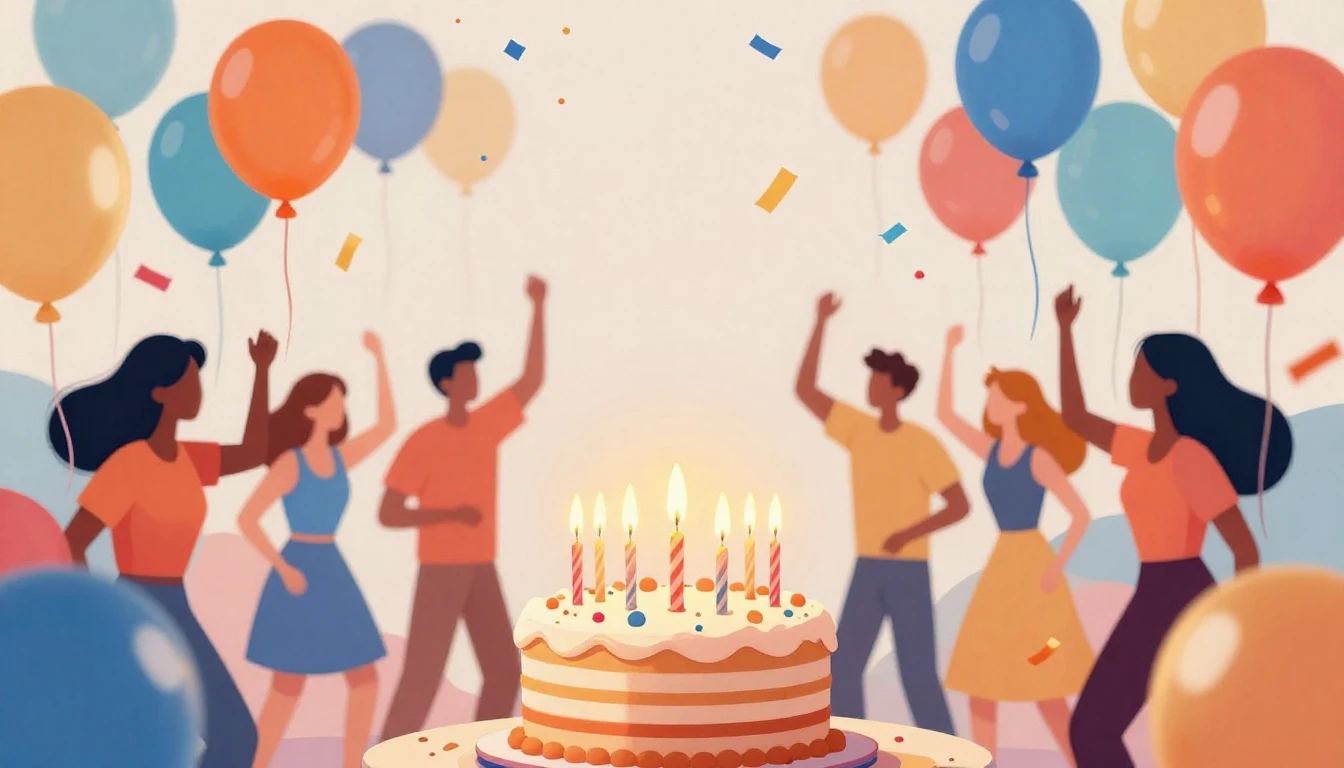 A vibrant and festive birthday celebration scene, colorful b...