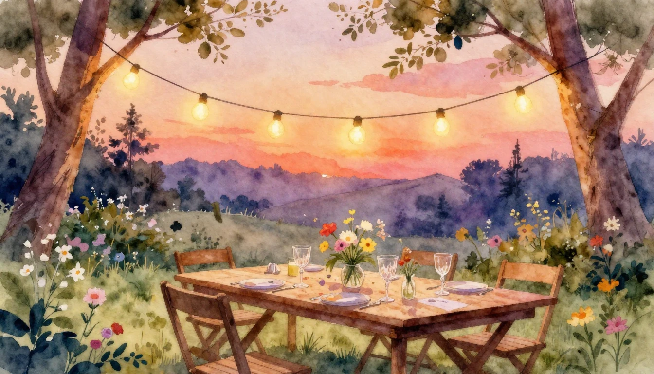 A soft watercolor painting of a cozy outdoor garden party at...