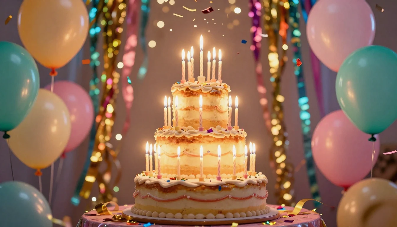 A vibrant and festive scene featuring a large, multi-tiered ...