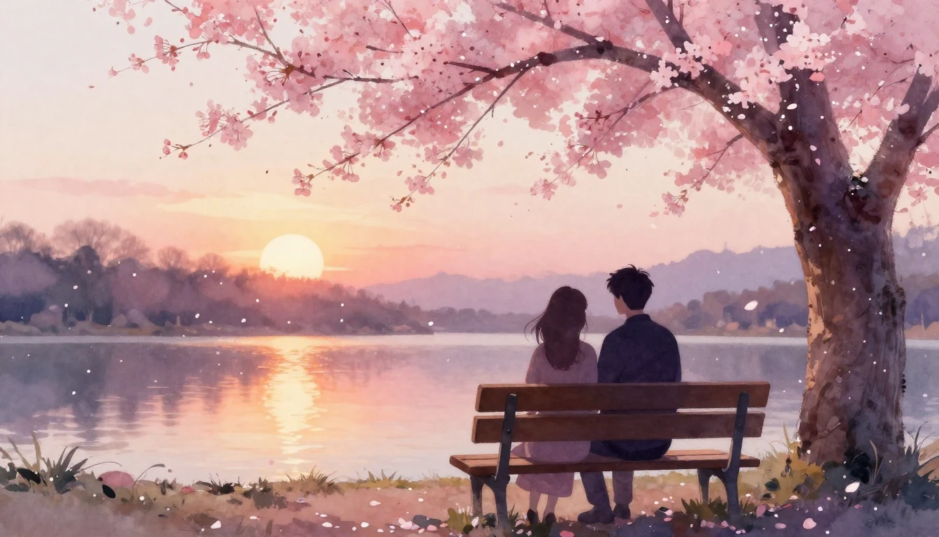 A dreamlike watercolor painting of two silhouettes sitting c...