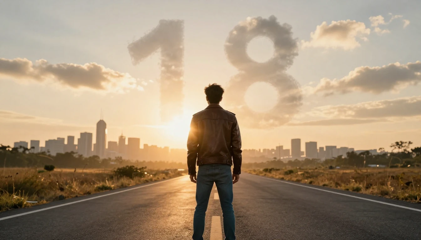 A cinematic shot from behind of a young man standing on an o...