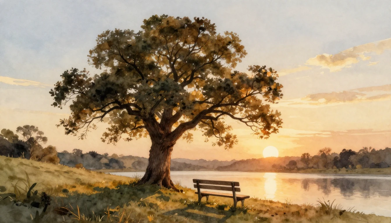 A serene watercolor painting depicting a peaceful landscape ...