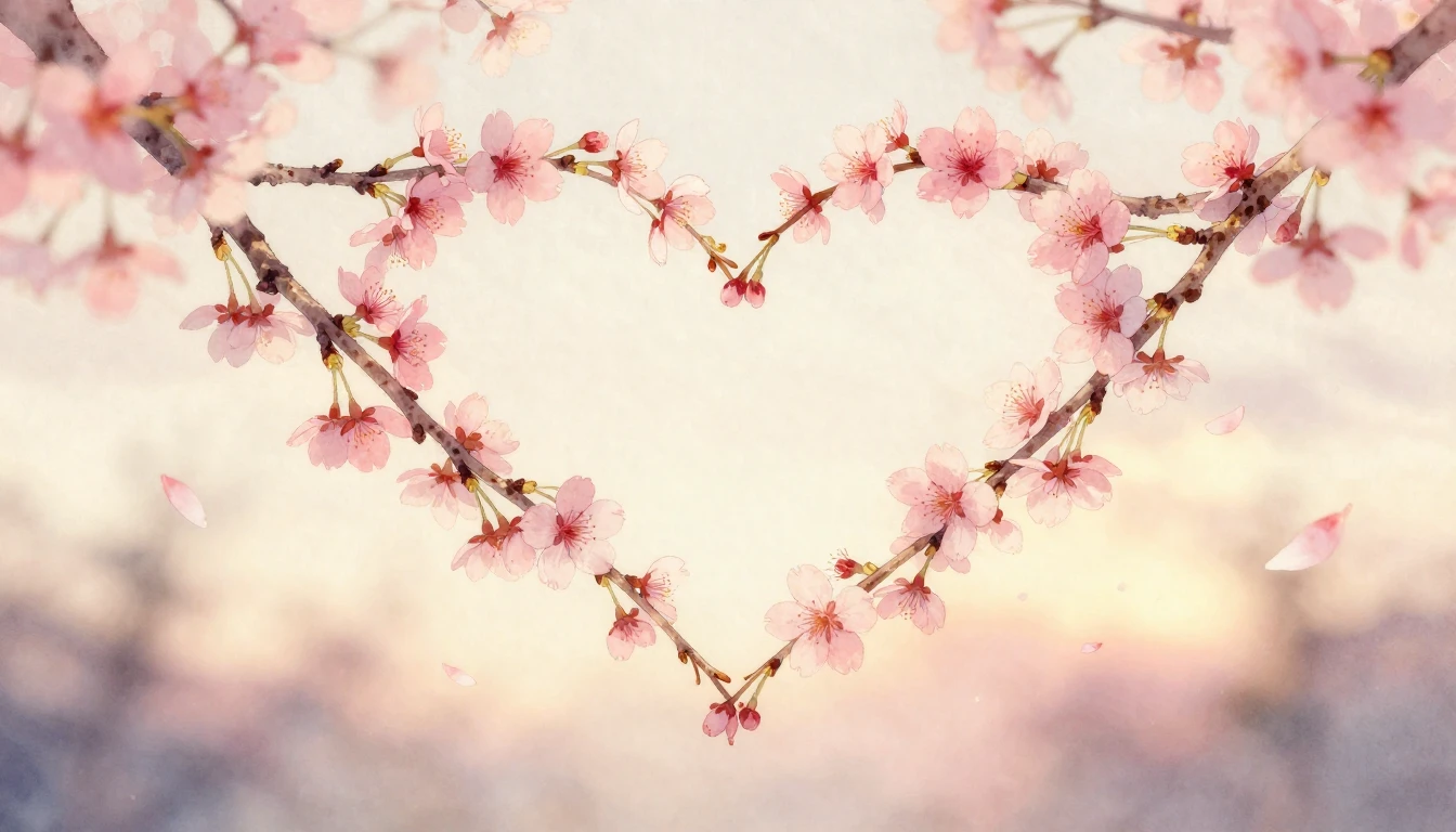 A delicate watercolor painting of two intertwined cherry blo...