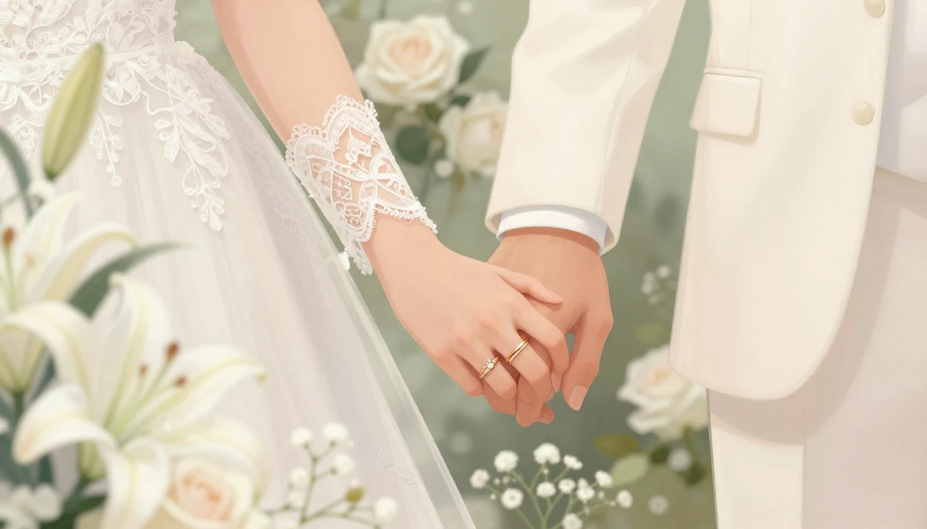 A romantic close-up illustration of a newlywed couple holdin...