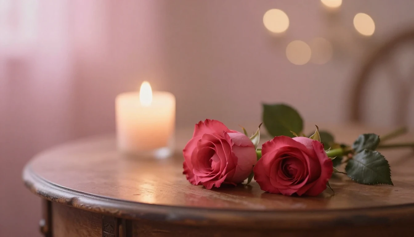 A dreamy and romantic scene featuring two delicate red roses...