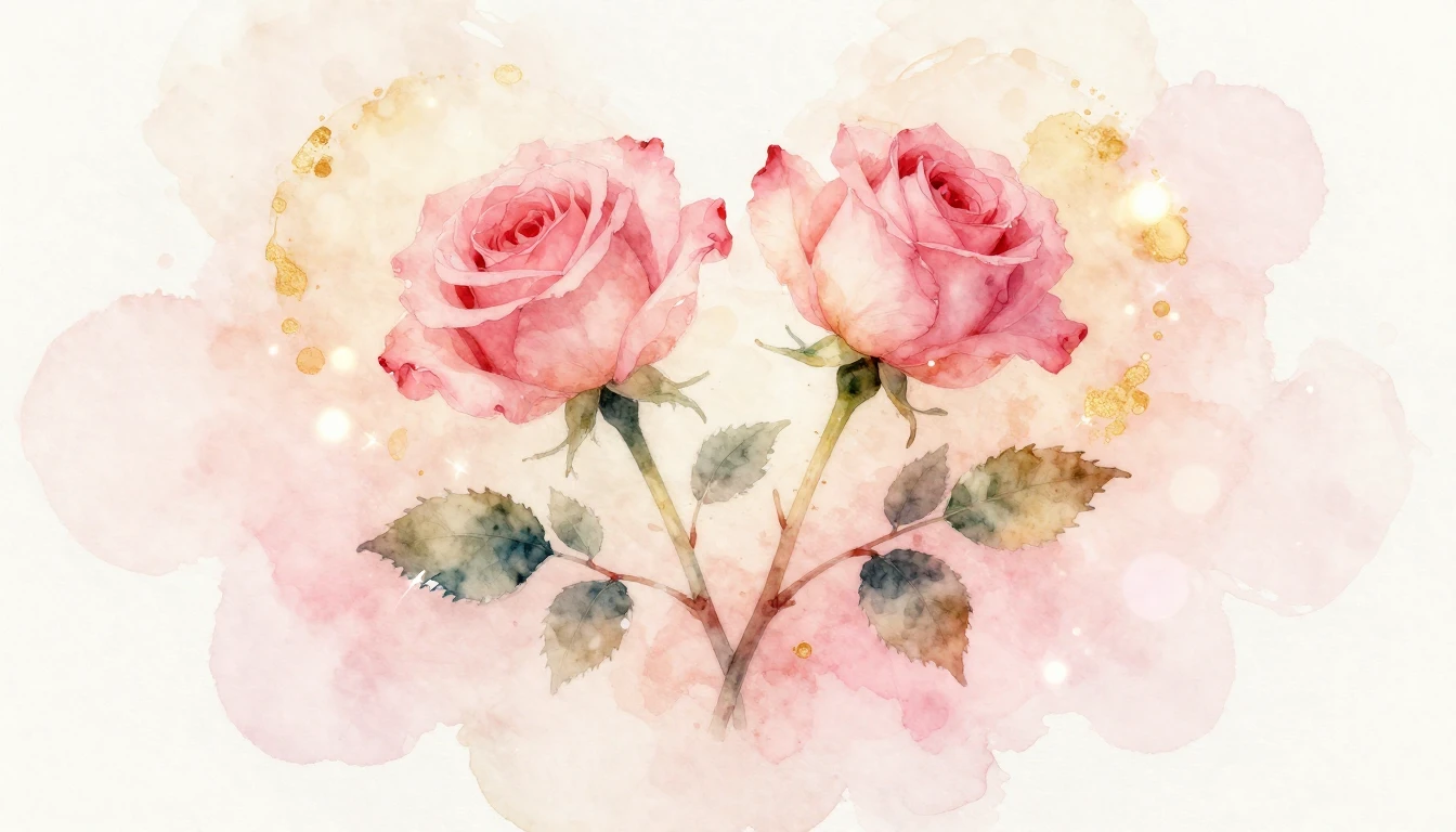 A delicate watercolor painting of two intertwined rose stems...