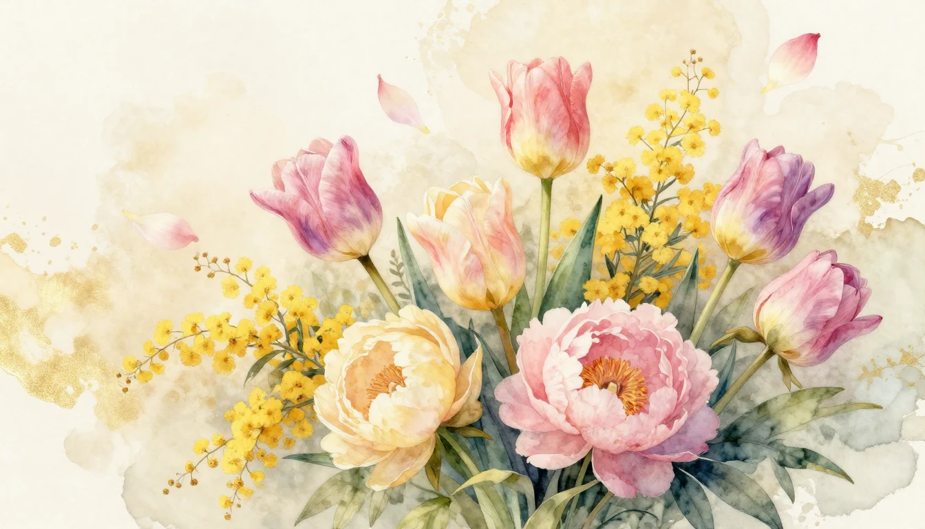 A beautiful watercolor painting of a lush bouquet of spring ...
