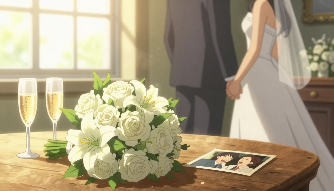 A sentimental anime-style illustration focusing on a wedding...