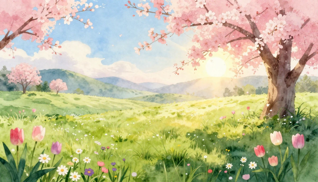 A beautiful watercolor painting of a lush green meadow at su...