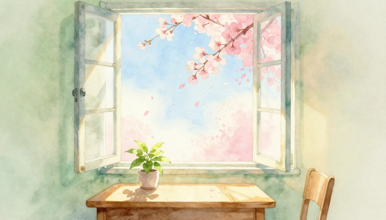 A beautiful watercolor painting of a bright, sunlit room wit...
