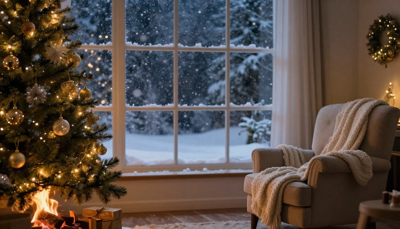 A cozy interior scene during a snowy New Year's night. A lar...
