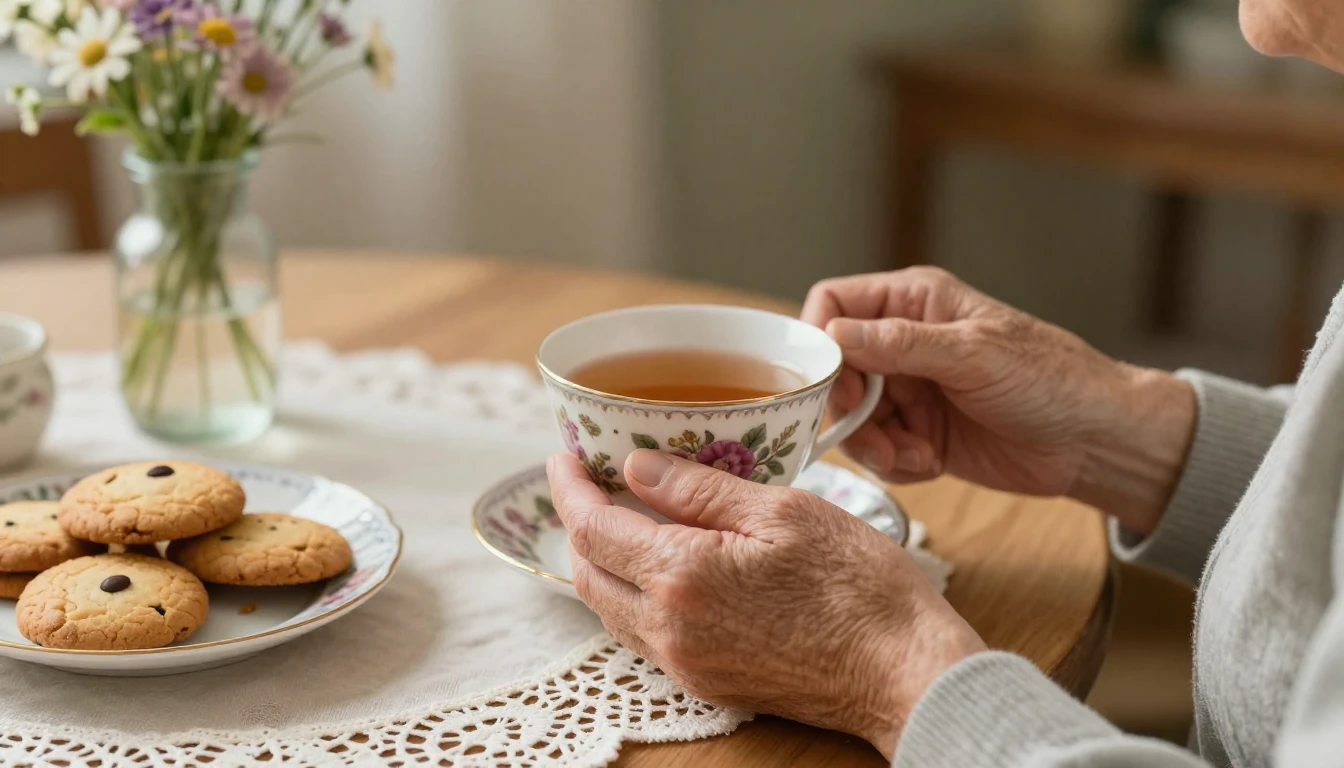 A warm, nostalgic close-up scene of an elderly woman's gentl...
