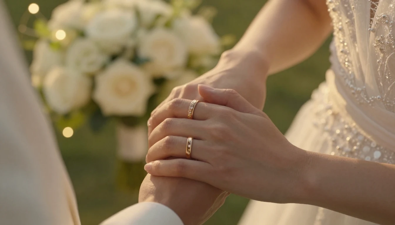 Cinematic close-up shot of a newlywed couple holding hands, ...