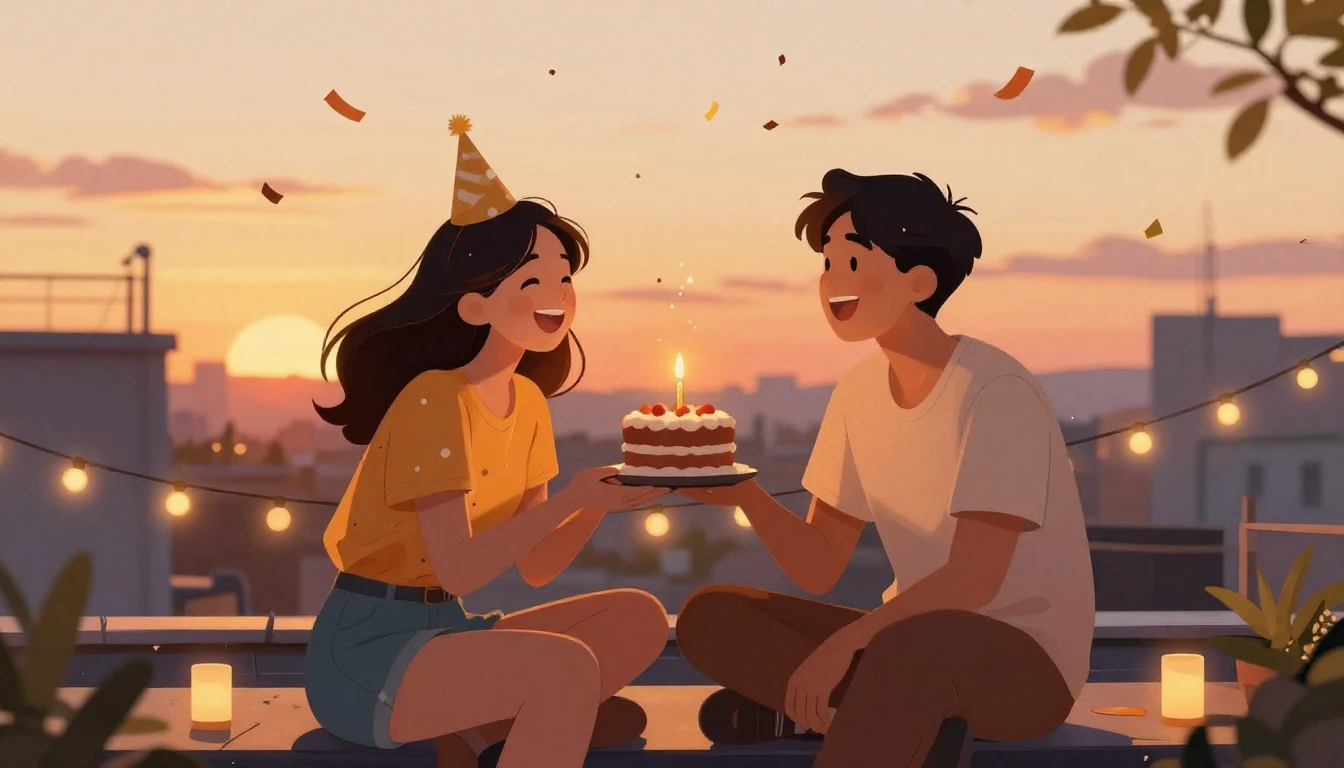 A warm and festive illustration of two friends celebrating a...