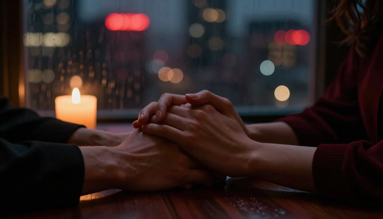 A close-up cinematic shot of two hands intertwined resting o...
