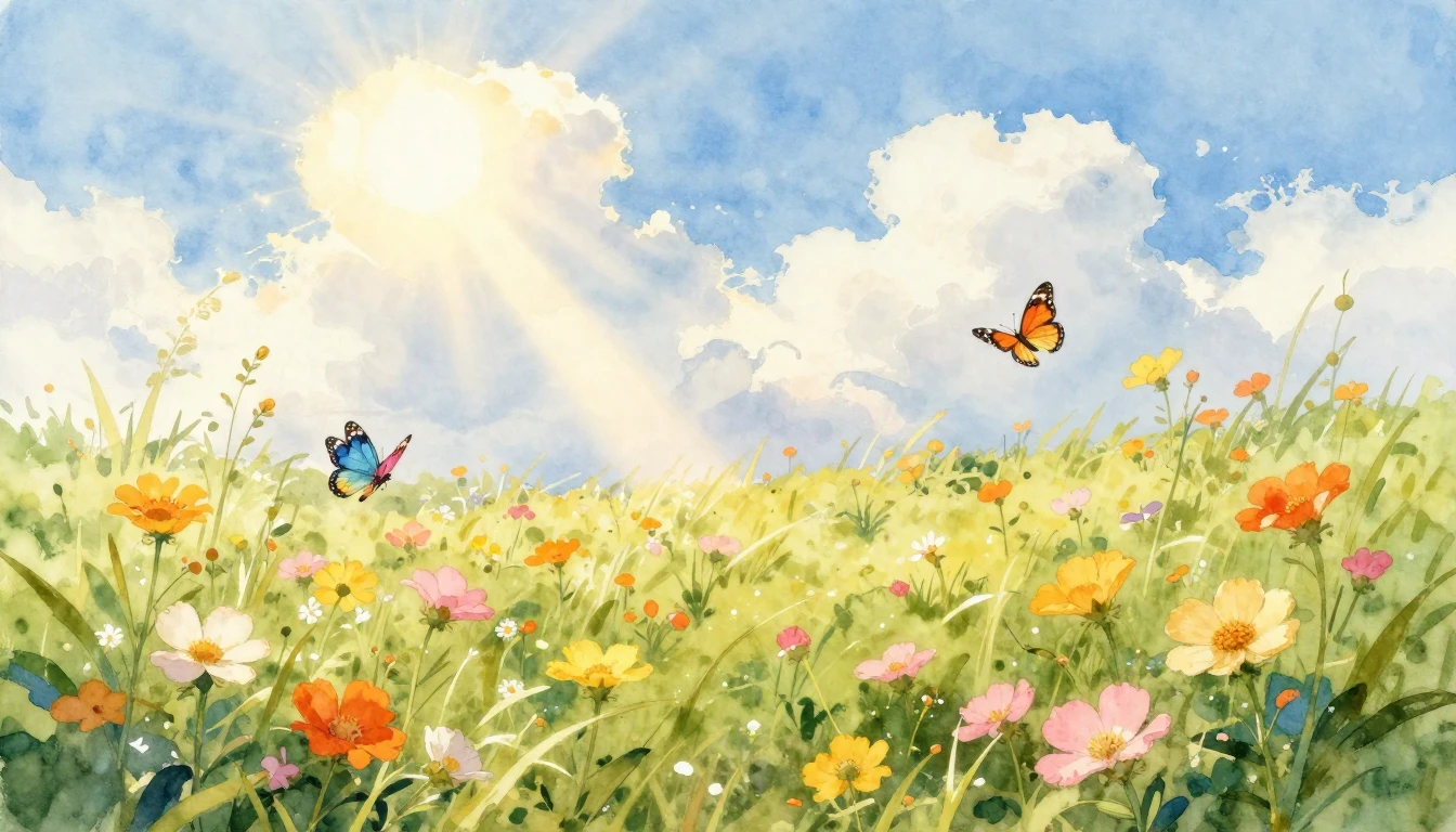 A vibrant and soft watercolor painting depicting a sun-drenc...