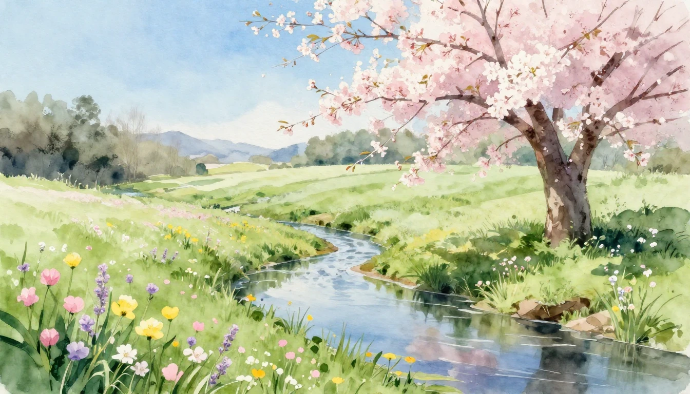 A serene spring landscape painted in soft watercolor strokes...