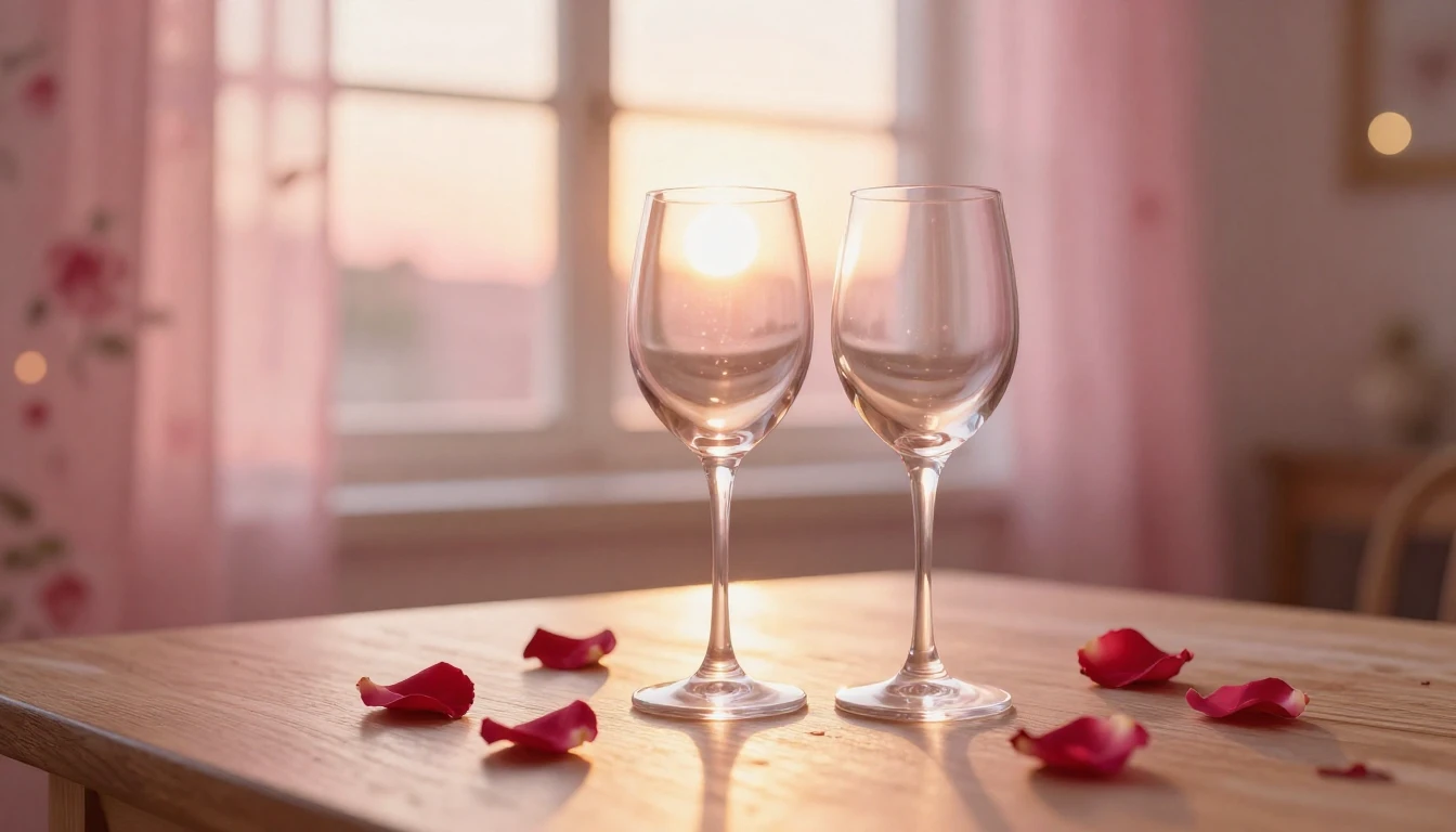 A soft and dreamy scene featuring two elegant wine glasses o...