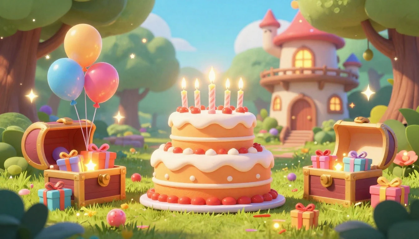 A vibrant and colorful 3D render of a magical birthday party...