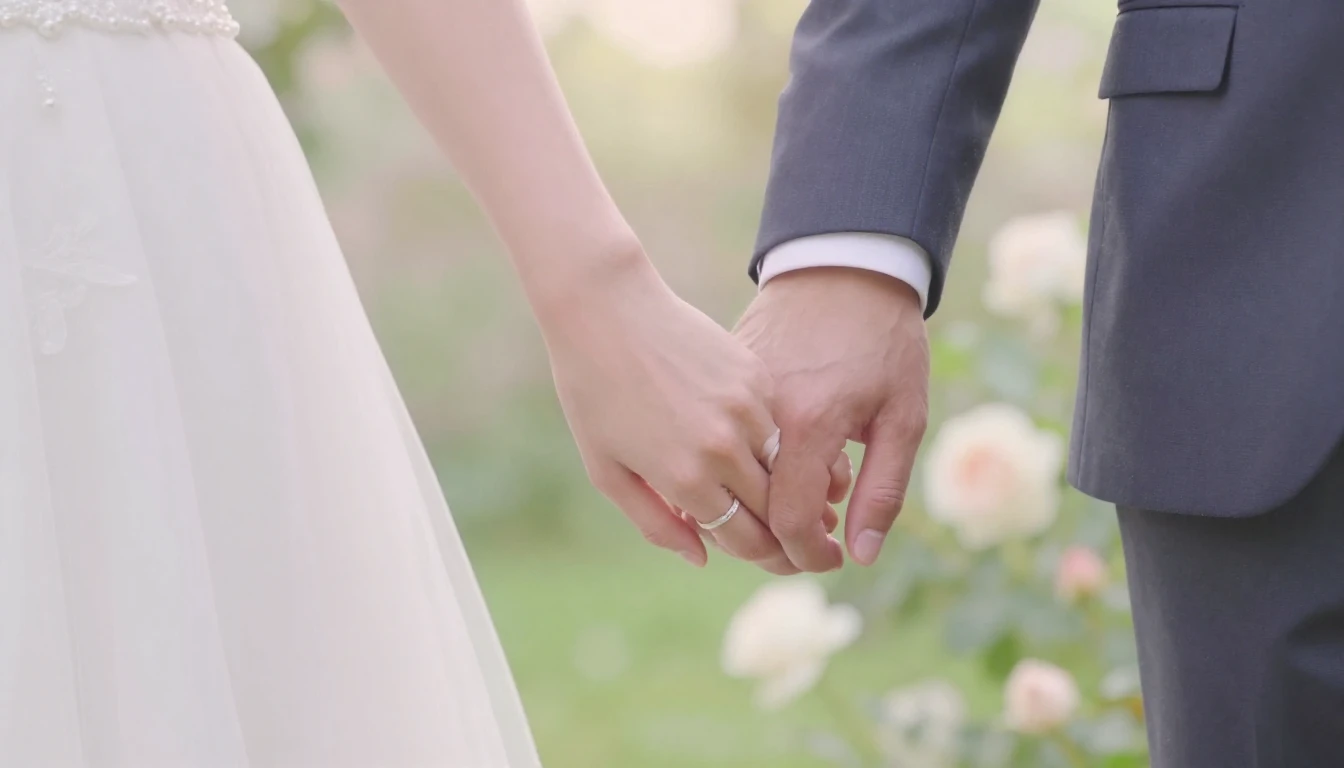 A close-up, romantic artistic composition of a bride and gro...