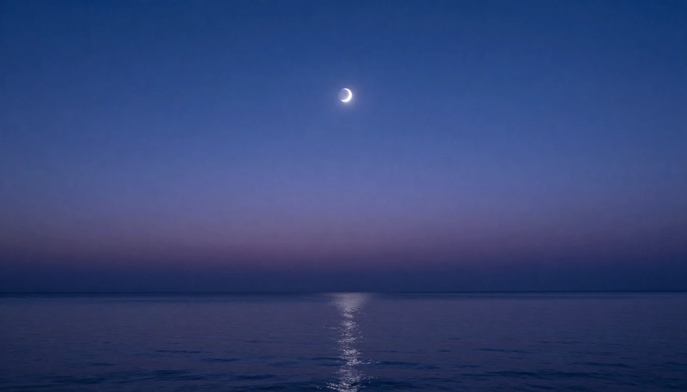 A minimalist and serene landscape at twilight. A thin cresce...