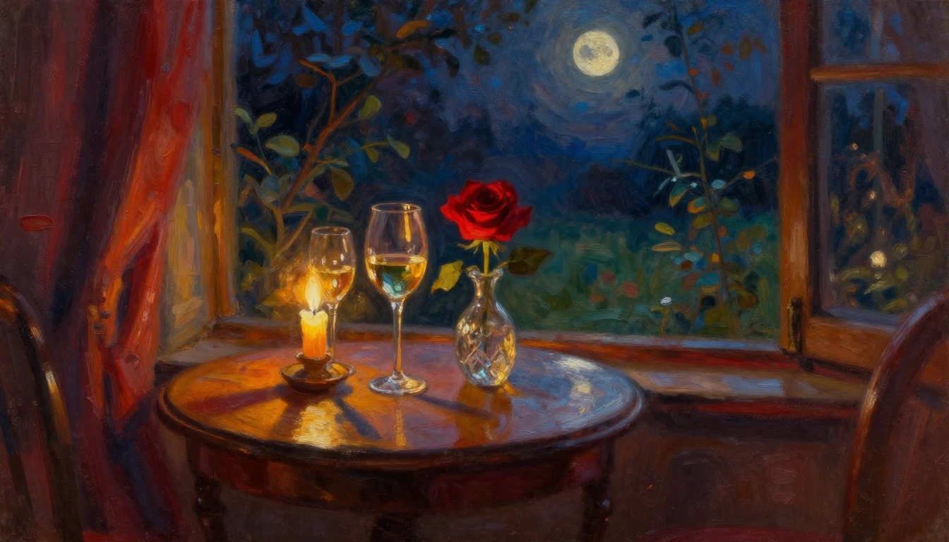 An impressionist oil painting of a cozy, dimly lit room over...