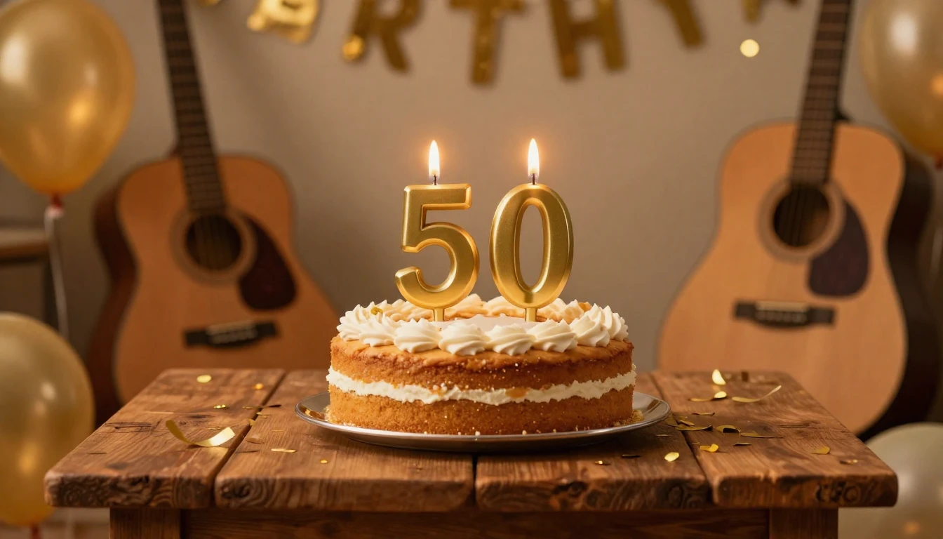 A festive and warm celebration scene for a 50th birthday. Ce...