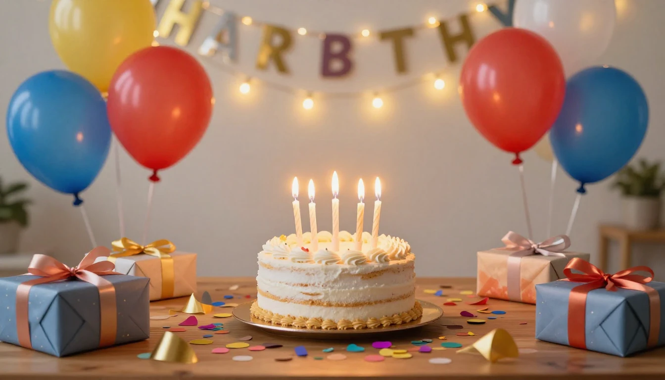 A joyful and vibrant birthday celebration scene. A beautiful...