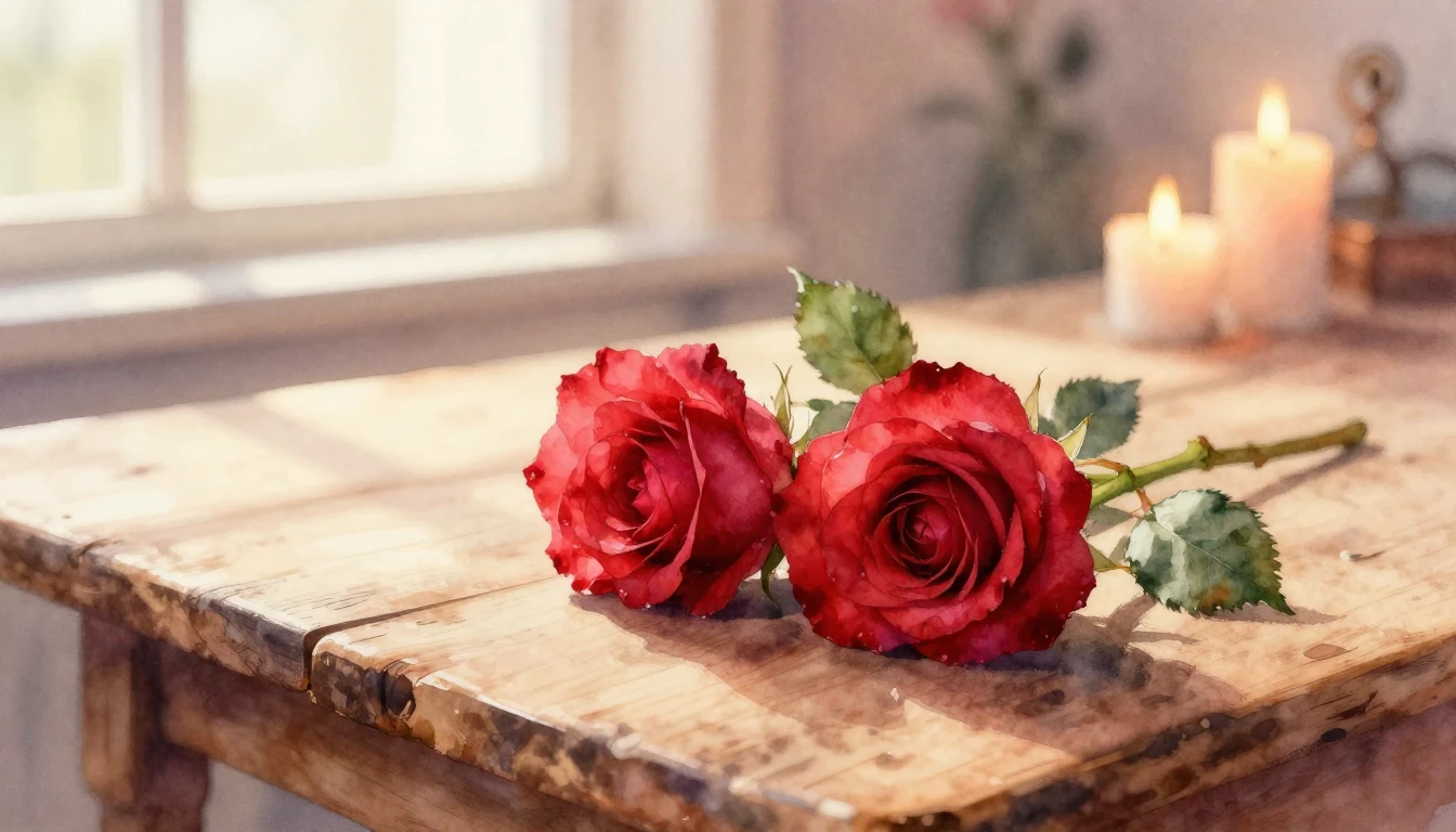 A beautiful watercolor painting of two delicate red roses in...