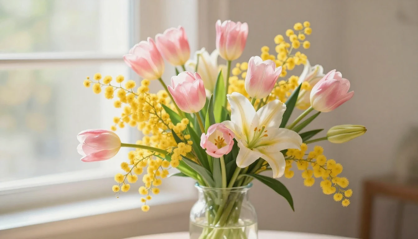 A beautiful and vibrant bouquet of spring flowers, including...
