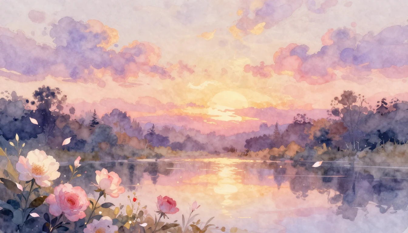 A dreamy watercolor illustration of a serene landscape at du...