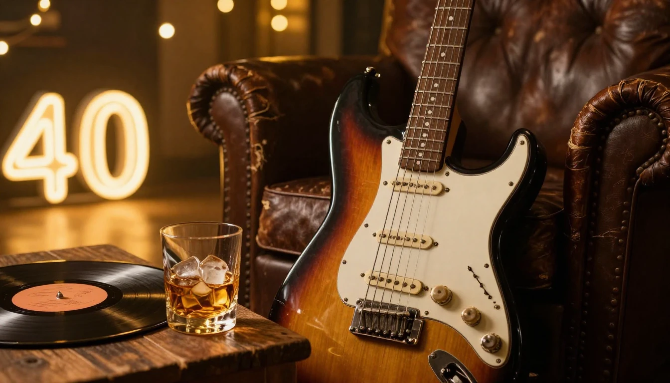 A cinematic close-up shot of a vintage electric guitar leani...