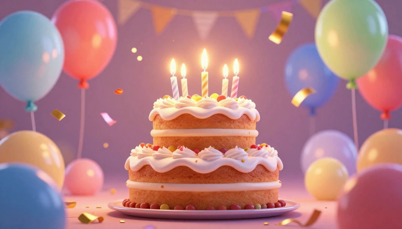 A festive birthday atmosphere in a vibrant 3D animation styl...