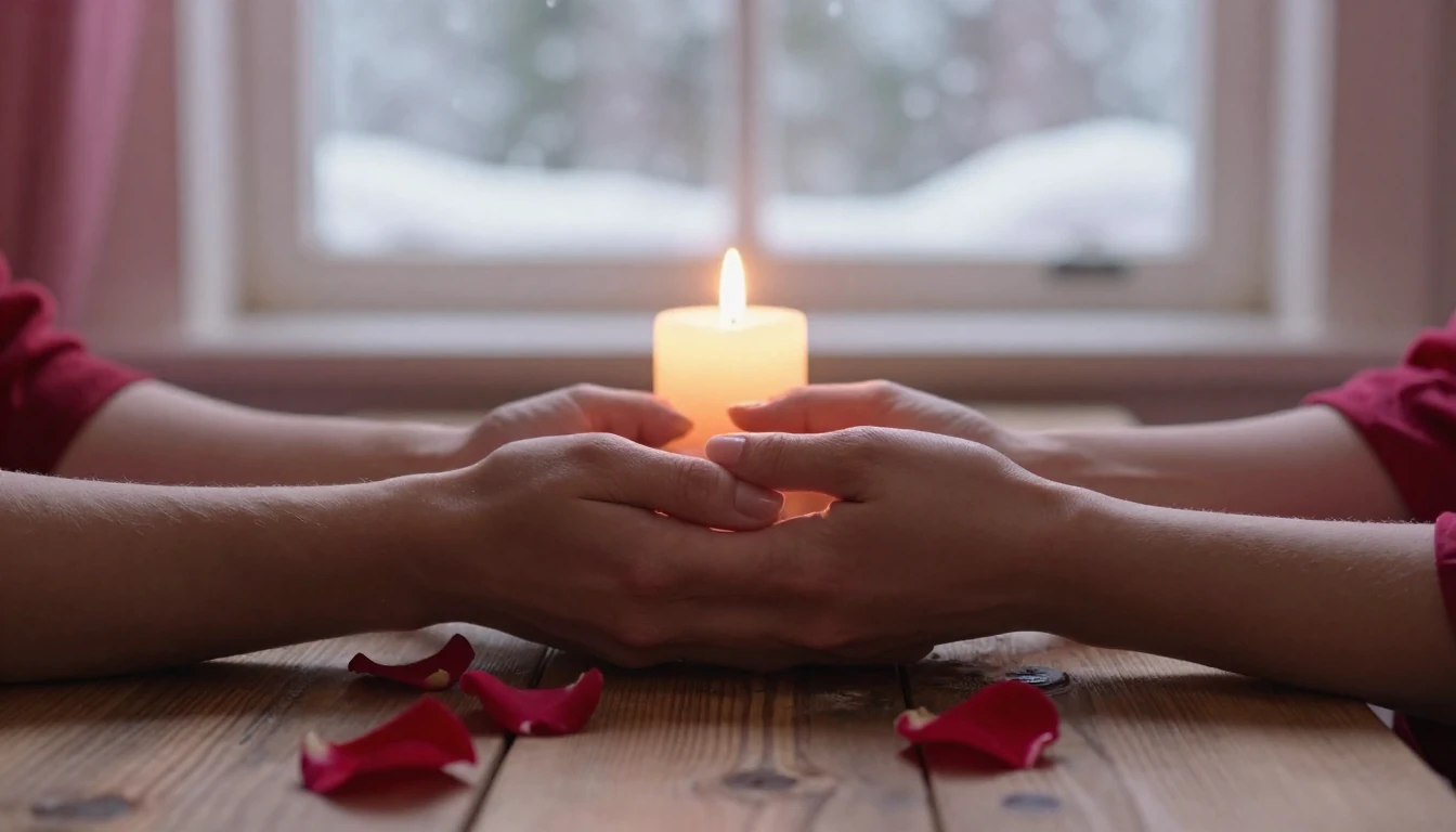 A romantic and dreamy scene focusing on two hands holding ea...