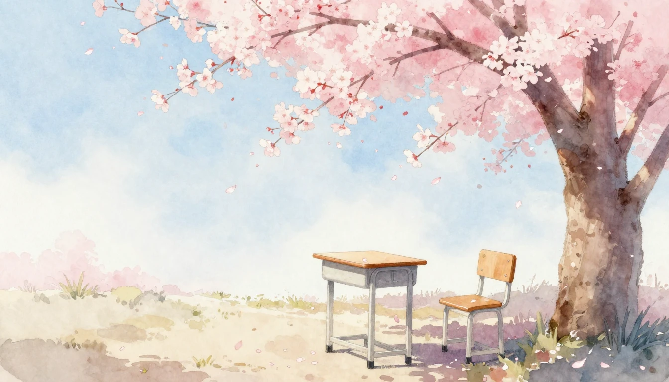 A serene watercolor painting of a cherry blossom tree in ful...