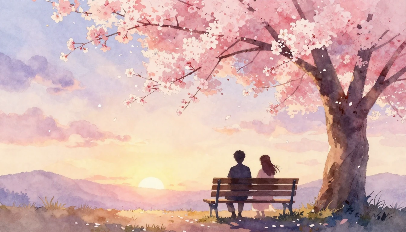 A soft watercolor painting of two silhouettes sitting on a b...