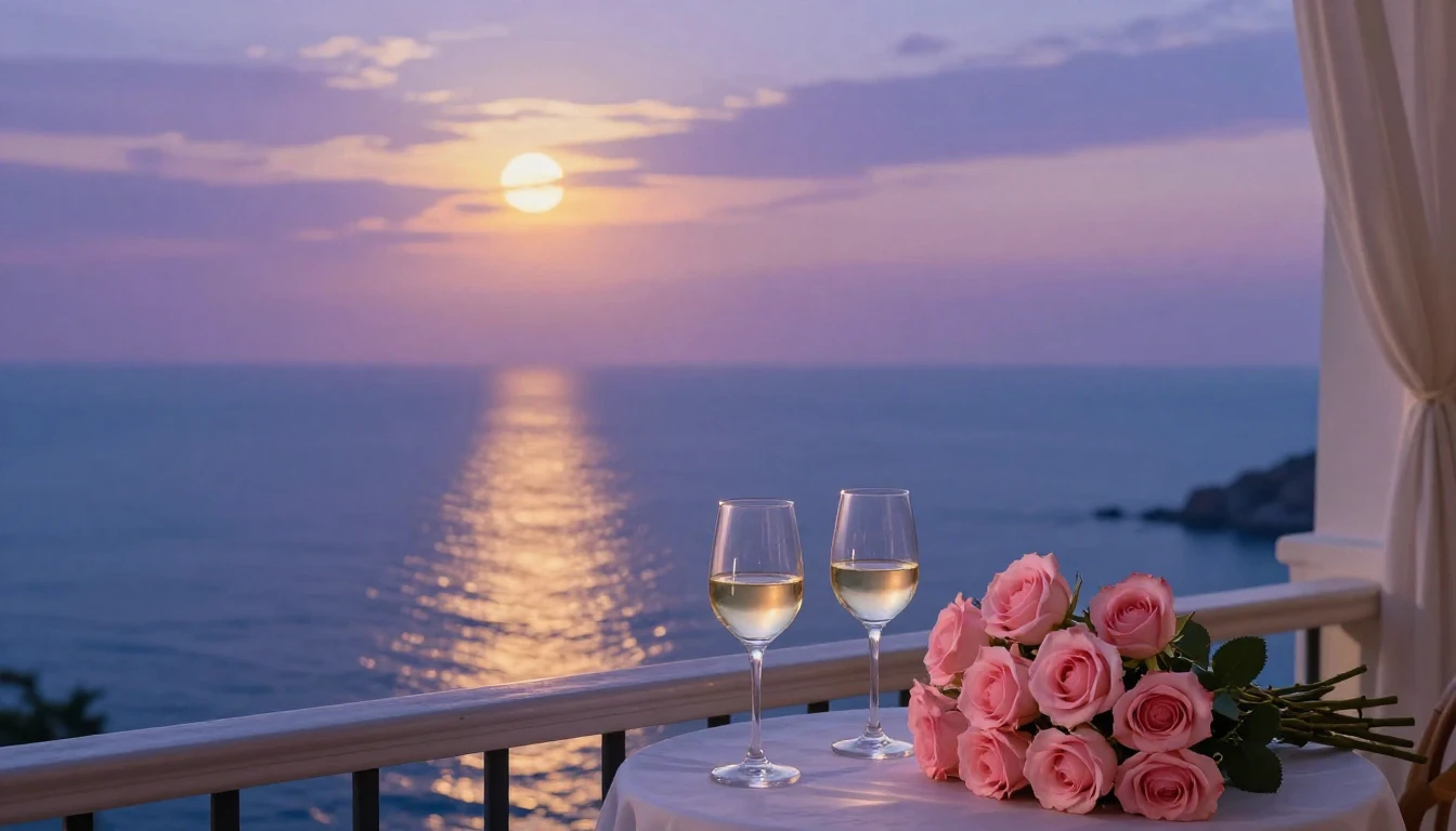 A dreamy and romantic scene of a balcony overlooking a quiet...