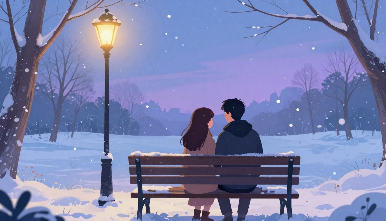 A romantic and cozy illustration of a couple sitting on a be...