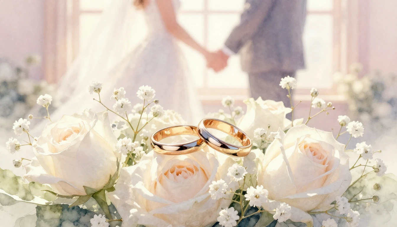 A soft and romantic watercolor painting depicting a pair of ...