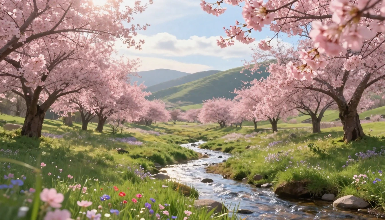 A breathtaking landscape of a sun-drenched valley during spr...