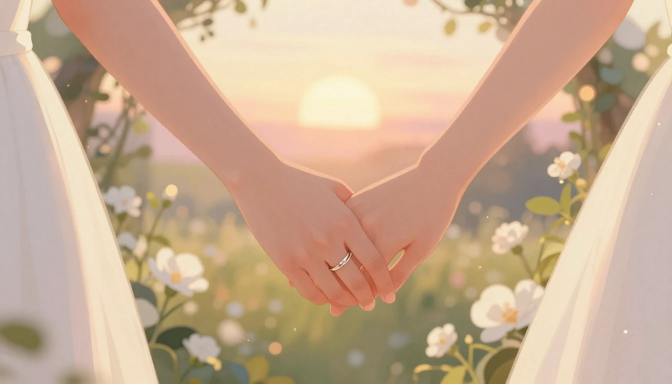 A soft and romantic illustration focusing on two hands gentl...