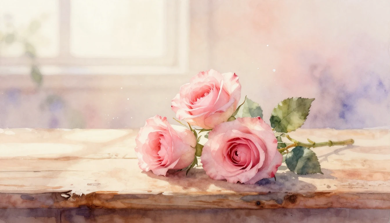 A soft and ethereal watercolor painting of two delicate pink...