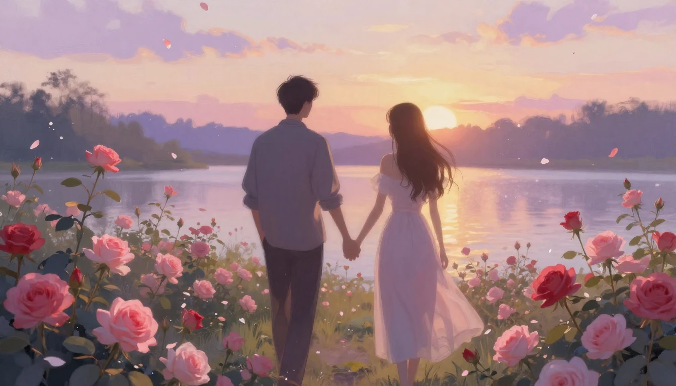 A dreamy and ethereal scene featuring two silhouettes walkin...