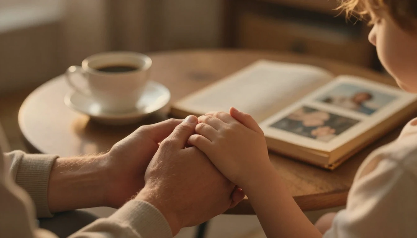 A heartwarming scene of a father's hand gently holding a chi...