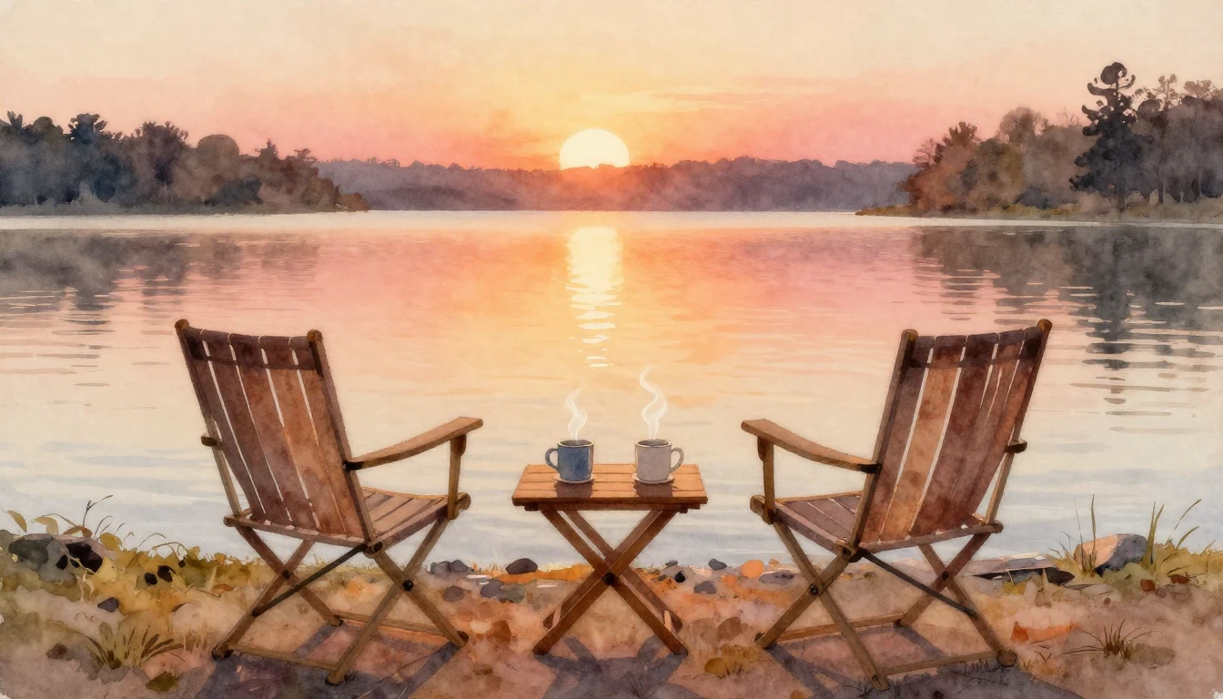 A soft watercolor painting depicting two empty chairs facing...