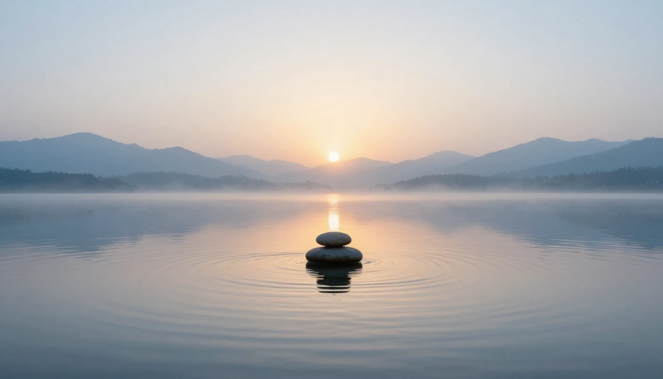 A serene and minimalist landscape featuring a calm, mirror-l...