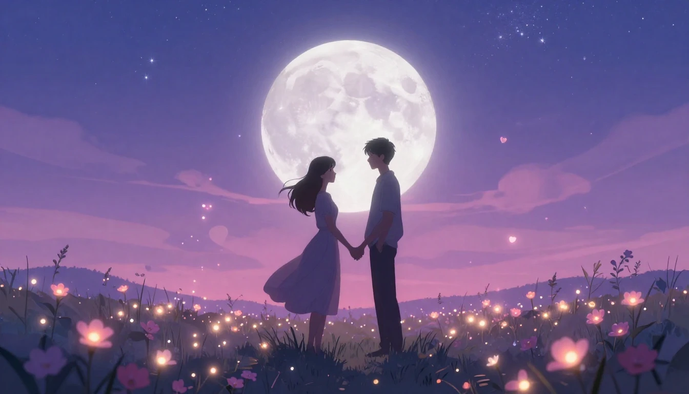 A romantic and dreamy illustration of a couple standing in a...