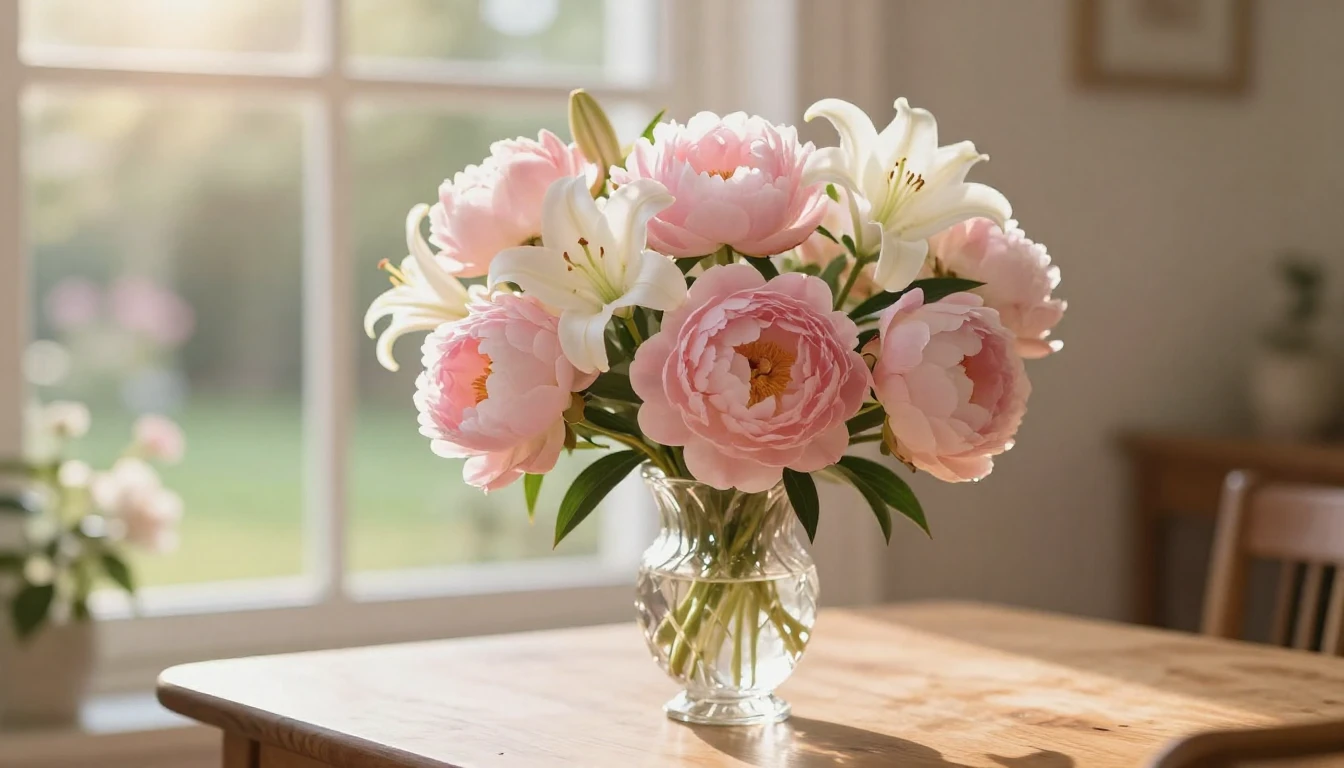 A beautiful and serene scene featuring a lush bouquet of sof...